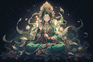 Green Tara female buddha, anime version, generative ai