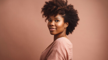 Obraz na płótnie Canvas Graceful Afro female with natural beauty posing against beige background. Generative AI
