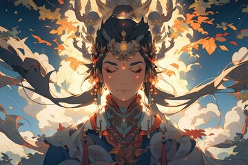 female buddhist deity anime version, illustration, generative ai
