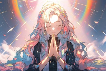nun in meditaion, rainbow in background, anime style, illustration, generative ai