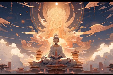 buddhist nun, anime version, illustration, generative ai