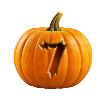 Halloween pumpkin font number seven, 7. Isolated on transparent background. 