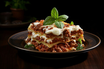 Portion of lasagna on plate. - obrazy, fototapety, plakaty
