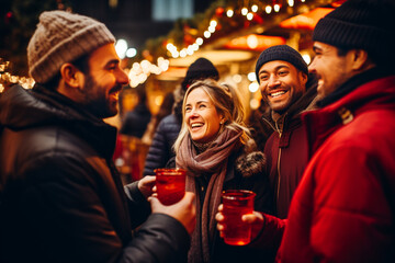 A group of people standing at a Christmas market and drinking mulled wine, Christmas party. AI generative. - obrazy, fototapety, plakaty