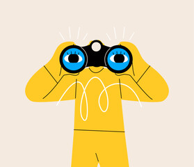 Fototapeta premium Curious man holding binoculars in hand and looking far away. Search Concept. Colorful vector illustration