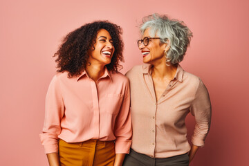 Portrait of two older female interracial best friends laughing, smiling and hugging on solid studio background.