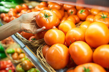 Unrecognizable person choosing tomatoes in supermarket