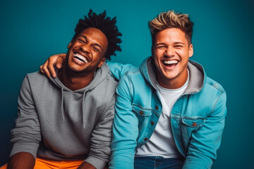 Portrait of two young male interracial best friends laughing, smiling and hugging on solid studio background.