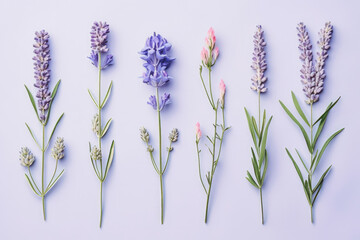 Collection of beautiful lavender flowers on solid background.