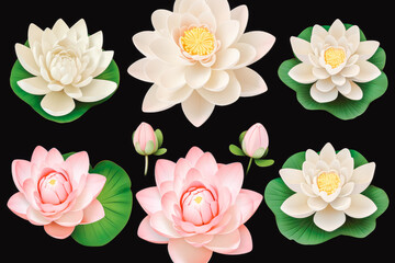 Collection of beautiful lotus flowers on solid background.