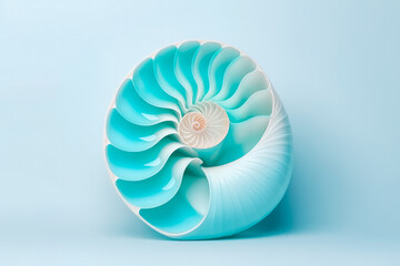 Beautiful nautilus sea shell on solid studio background. Ocean summer and vacation concept.