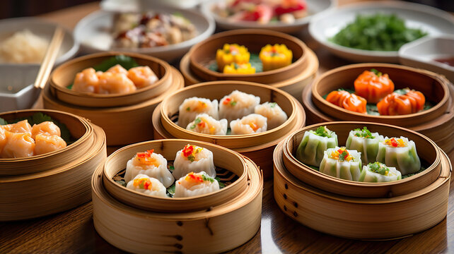An array of colorful and delicate dim sum dishes, showcasing the variety of flavors and textures
