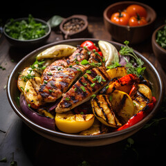 Grilled Chicken with Roasted Vegetables on a plate, on a wooden table studio style food photography