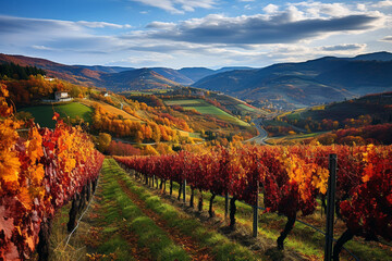 Fototapeta premium autumn hillside vineyard full of fallen coloured leaves . AI generative.
