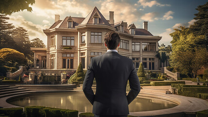 A businessman is positioned facing a grand villa, Real Estate Investment - obrazy, fototapety, plakaty