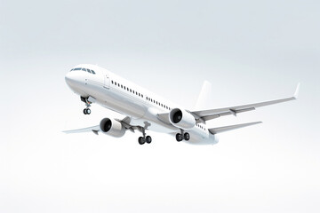 Obraz premium A white aircraft glides through the sky against a spotless white background, presented in a minimalist, hyper-realistic style as it soars through the air. Generative AI.