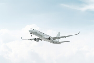 Obraz premium A white aircraft glides through the sky against a spotless white background, presented in a minimalist, hyper-realistic style as it soars through the air. Generative AI.