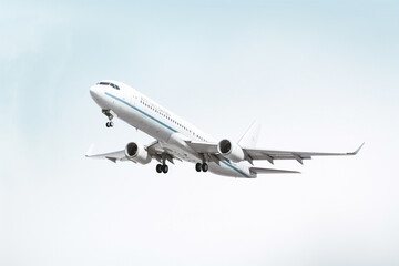 Obraz premium A white aircraft glides through the sky against a spotless white background, presented in a minimalist, hyper-realistic style as it soars through the air. Generative AI.