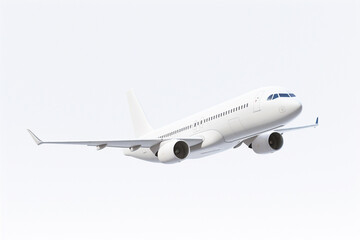 Obraz premium A white aircraft glides through the sky against a spotless white background, presented in a minimalist, hyper-realistic style as it soars through the air. Generative AI.
