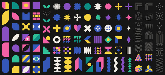 Collection of flat and outline abstract geometric shapes. Brutalism, Swiss minimalism, Bauhaus style inspired. Color Vector design elements isolated on black background. Ediatble strokes. - obrazy, fototapety, plakaty