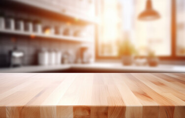 Blurred abstract background. Modern kitchen with wooden worktop and space to display or mount your products