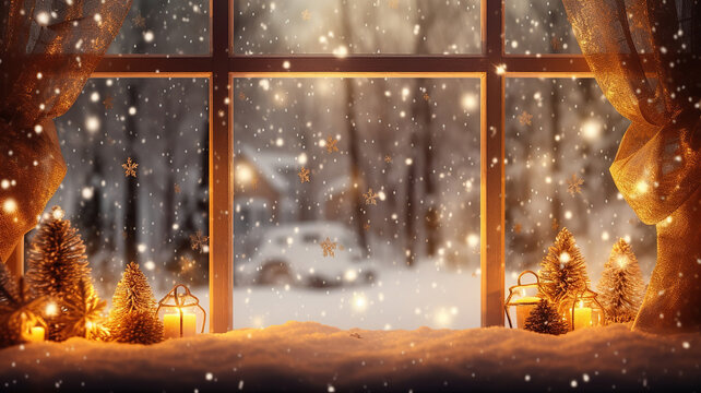 a cozy window illuminated from the inside, with snowflakes falling outside