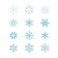 Fototapeta na wymiar Snowflake variations icon collection. Blue ice crystal snowflakes on a white background. Winter symbol. Christmas logo sign. Vector illustration.