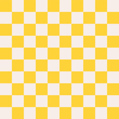 Groovy checkered seamless pattern, vintage aesthetic background, checkerboard texture. Funky hippie fashion textile print, retro yellow and white square background with tile vector pattern 