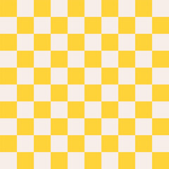 Groovy checkered seamless pattern, vintage aesthetic background, checkerboard texture. Funky hippie fashion textile print, retro yellow and white square background with tile vector pattern 