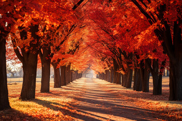 autumn avenue full of fallen coloured leaves. AI generative. - obrazy, fototapety, plakaty