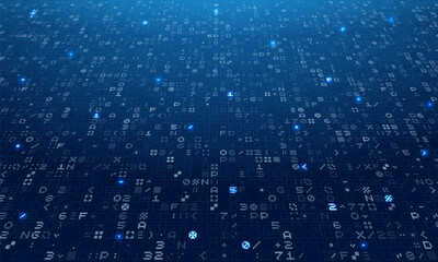 Programming computer code. Digital background constructed with different symbols. Abstract visualization of coding. Vector illustration.