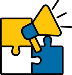 Puzzle With Megaphone Icon In Yellow And Blue Color.