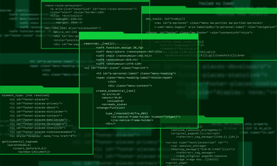 Programming computer code. Abstract visualization of coding. Digital background constructed with windows and different symbols. Vector illustration.