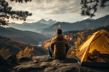 View from tent Young man in his camper observing a good view of a mountain. Generative AI.