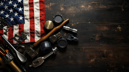Fototapeta na wymiar Various engineer tools labor day construction and manufacturing tools on dark black background with patriotic US, USA, American flags.
