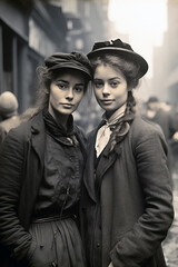 Old black and white street photographs from the Victorian era. AI generative.