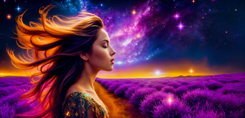 Woman with Long Hair in the Cosmic Breeze. - obrazy, fototapety, plakaty