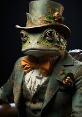 A frog wearing a top hat and a suit. Digital image.