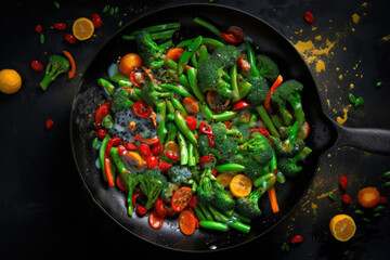 A colorful and healthy vegetarian dish with broccoli, carrots and asparagus, perfectly fried in a wok.
