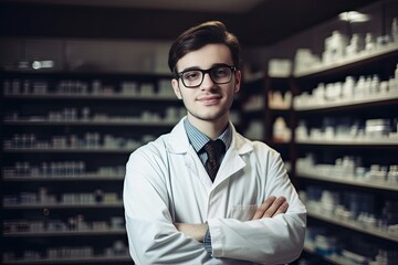 Fototapeta premium A confident, pharmacist guy in a white lab coat, skillfully handling medicines in a pharmacy.