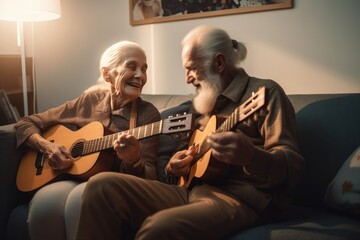 An elderly couple enjoying their retirement plays music together at home, creating an intimate atmosphere filled with love and togetherness.