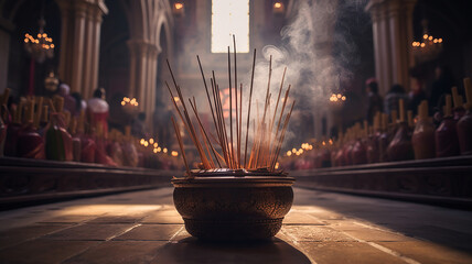 Burning incense as an offering before the altar - obrazy, fototapety, plakaty