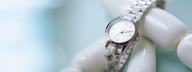 A Wristwatch in the Holy White Angel Style - Stock photo style with product presentation Background - Holy White Angel Watch with empty copy space for text created with Generative AI Technology