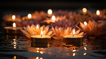 the serene beauty of diyas floating on water, as commonly seen during Diwali celebrations - obrazy, fototapety, plakaty