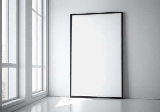 Black frame placed in a brigt living room Mockup. Generative Ai