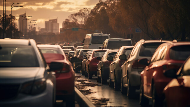 a congested road with vehicles at a standstill, depicting the typical scene of a traffic jam
