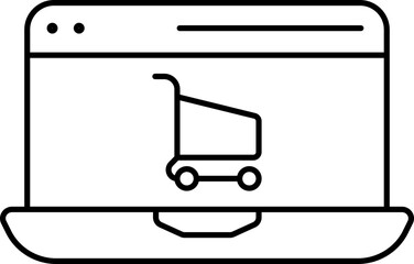 Shopping Cart In Laptop Screen For Online Shopping Icon In Black Outline.