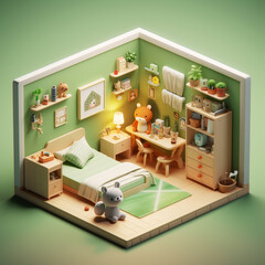 Detailed 3d render illustration of isometric block of Small Children's room interior. Generative Ai