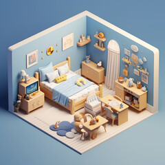 Detailed 3d render illustration of isometric block of Small Children's room interior. Generative Ai - obrazy, fototapety, plakaty