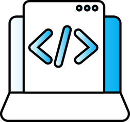 Web Programming Or Coding In Laptop Screen Blue And White Icon.